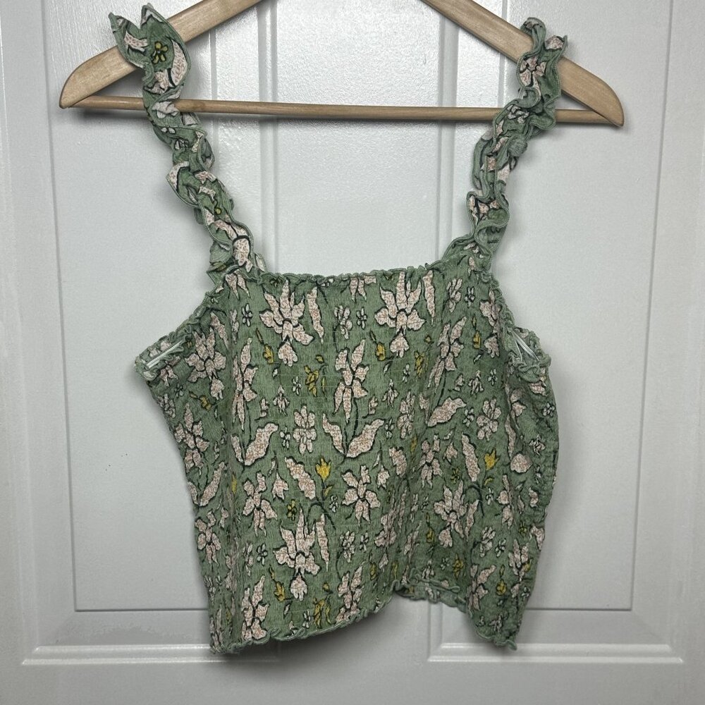 Aerie Jungle Thrills‎ Green Floral Smocked Crop Tank Top, Ruffle Straps in Large
